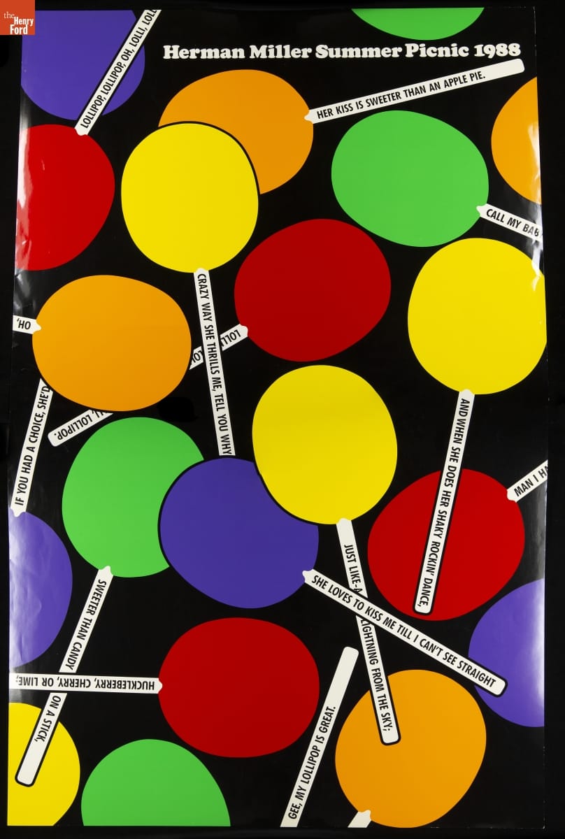Graphic poster with stylized lollipops with text on sticks and at top of poster