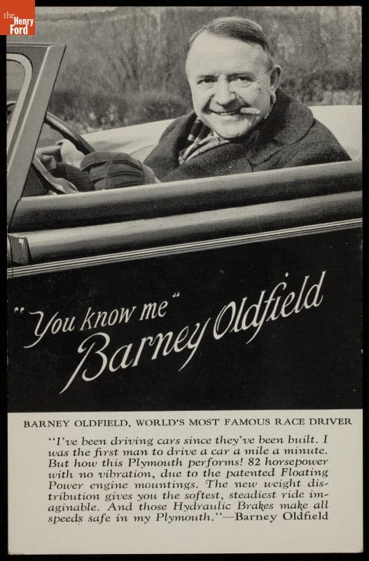Advertisement with text and image of man with cigar in his mouth behind the wheel of a car