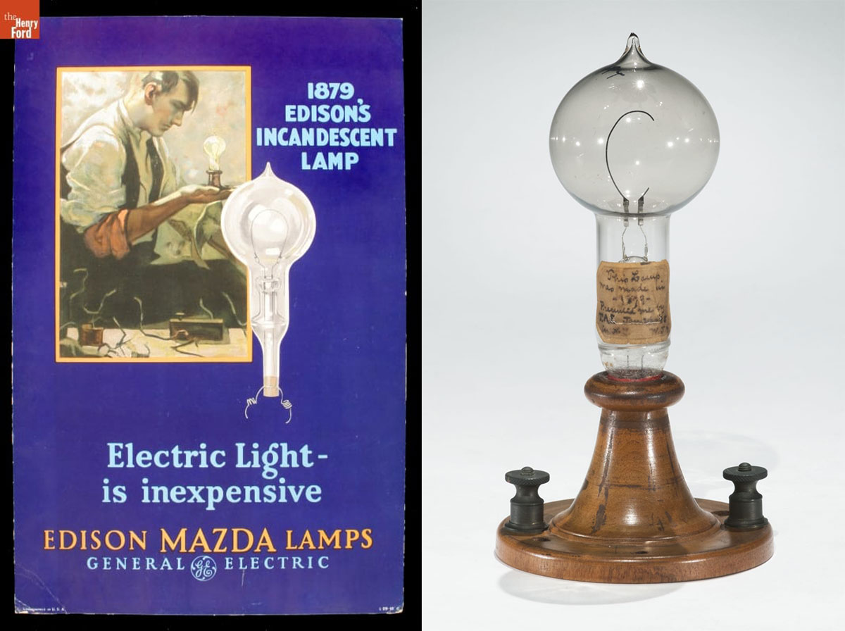 Advertising Poster for Edison Mazda Lamps, 'Electric Light is Inexpensive,'circa 1925. | Paper Horseshoe Filament Lamp Used at New Year's Eve Demonstration of the Edison Lighting System, 1879