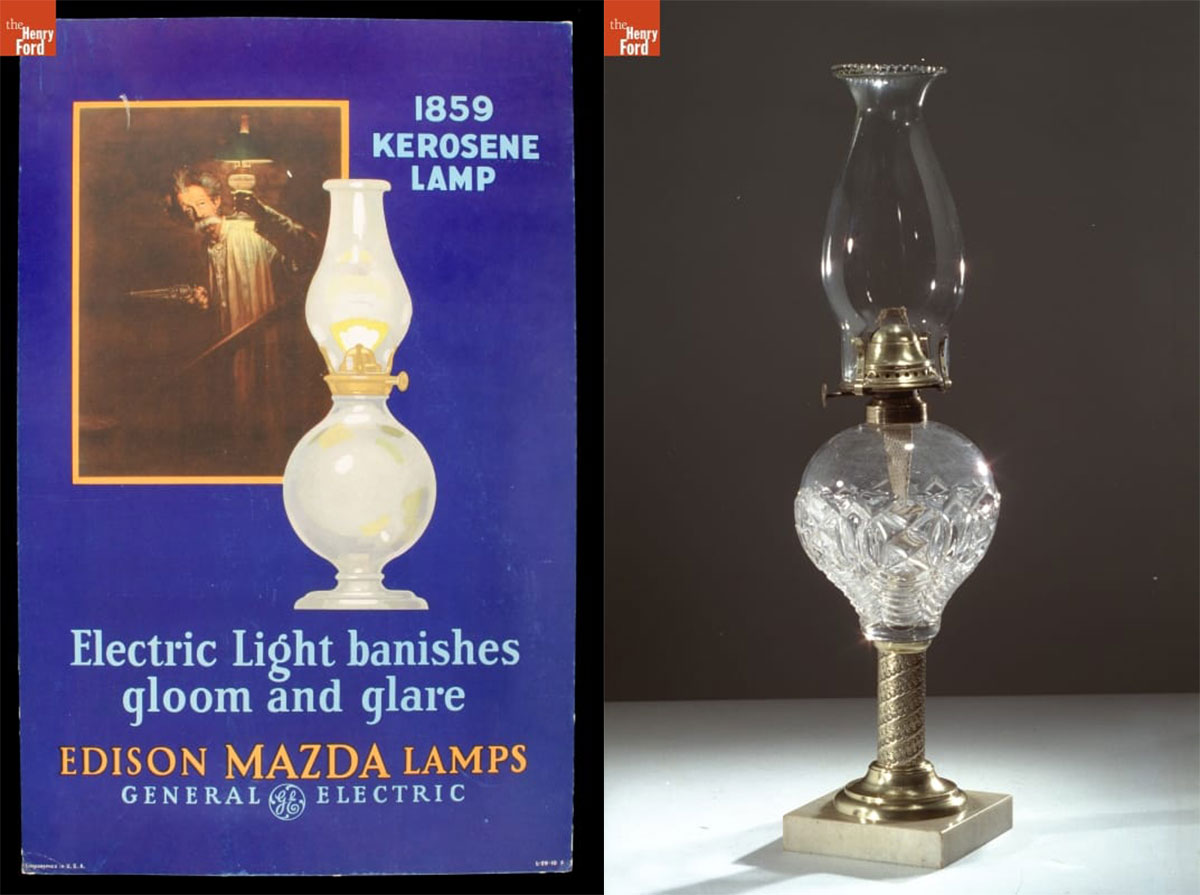 Advertising Poster for Edison Mazda Lamps, Electric Light Banishes Gloom and Glare, 1925 | Kerosene Lamp, 1860-1870