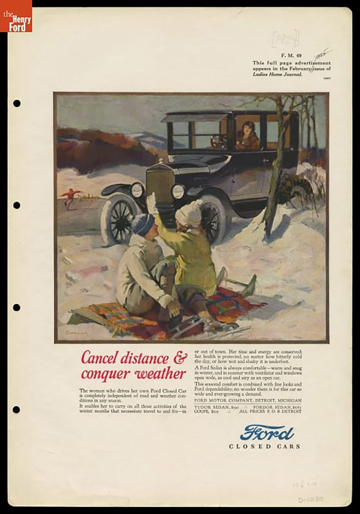 Advertisement for the 1924 Ford Model T, 'Cancel Distance & Conquer Weather.' Illustration by Haddon Sundblom.