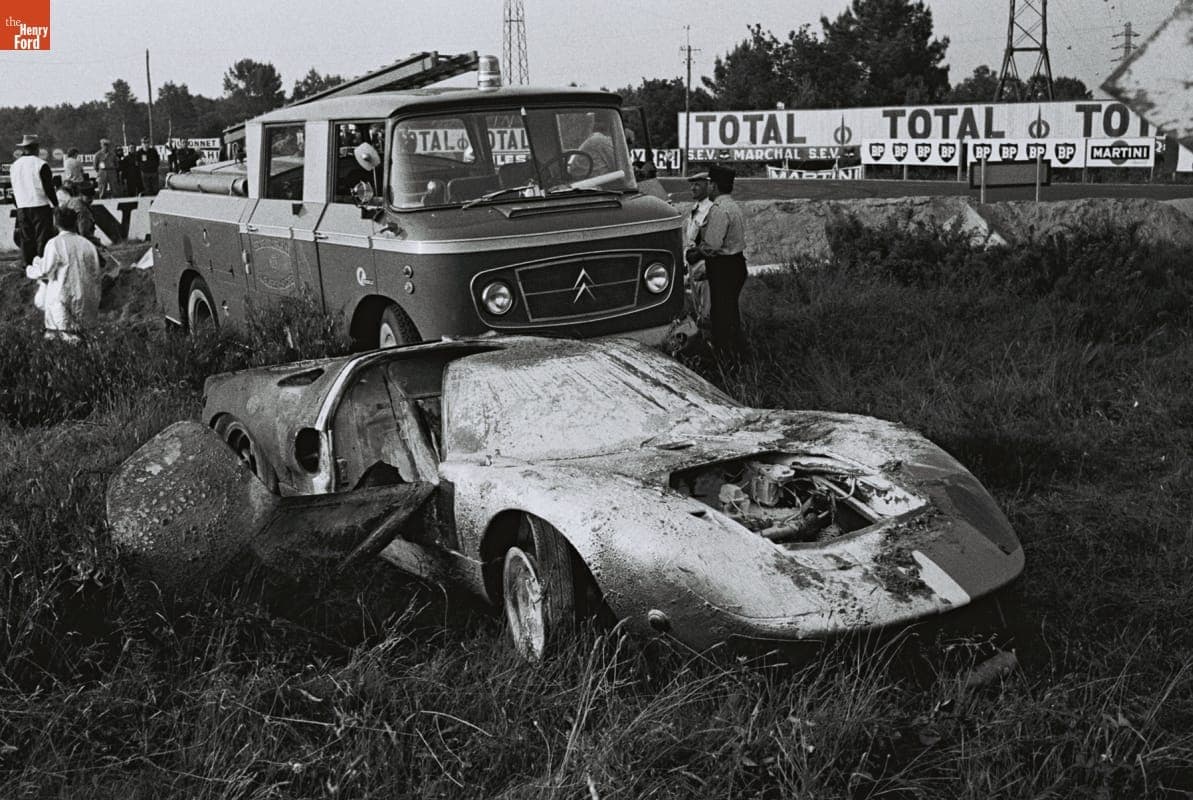 Wreckage of Ford GT40 Driven by Mike Salmon and Brian Redman in the 24 Heures du Mans (24 Hours of Le Mans) Race, June 1967