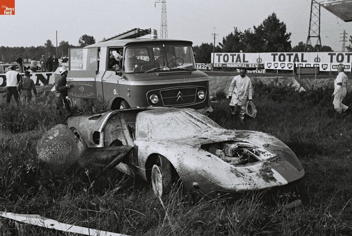 Wreckage of Ford GT40 Driven by Mike Salmon and Brian Redman in the 24 Heures du Mans (24 Hours of Le Mans) Race, June 1967