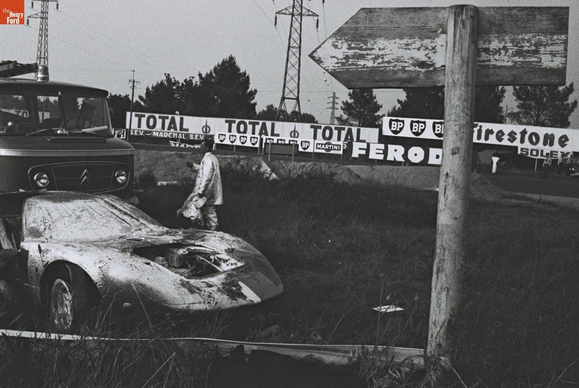 Wreckage of Ford GT40 Driven by Mike Salmon and Brian Redman in the 24 Heures du Mans (24 Hours of Le Mans) Race, June 1967