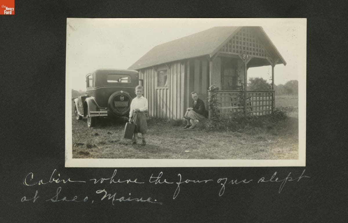 Ebersole Family with 1929 Chevrolet Sedan at Tourist Cabin in Saco, Maine, 1929