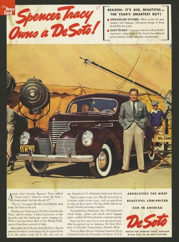 1939 Chrysler Ad, "Spencer Tracy Owns a De Soto!"