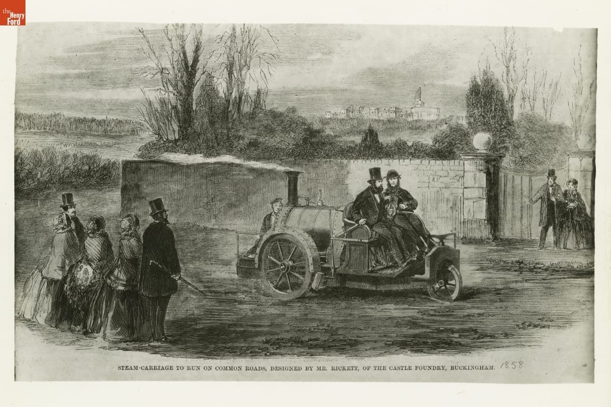 Photograph of an 1858 Print, "Steam-Carriage to Run on Common Roads, Designed by Mr. Rickett, of the Castle Foundry, Buckingham"