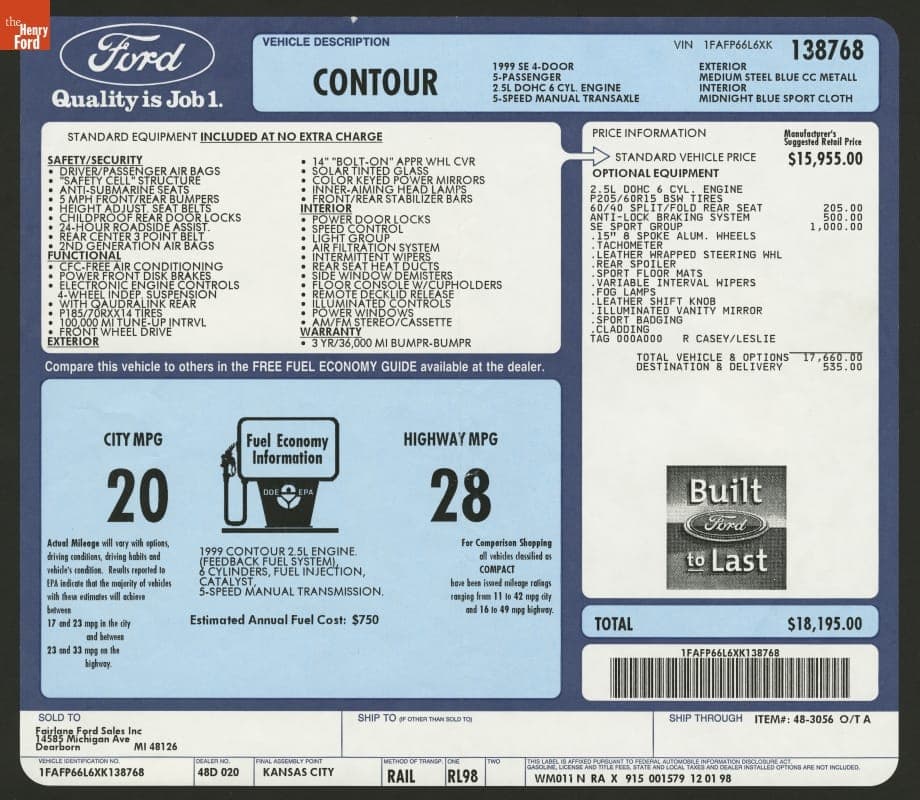 Car Window Price Sticker for a 1999 Ford Contour