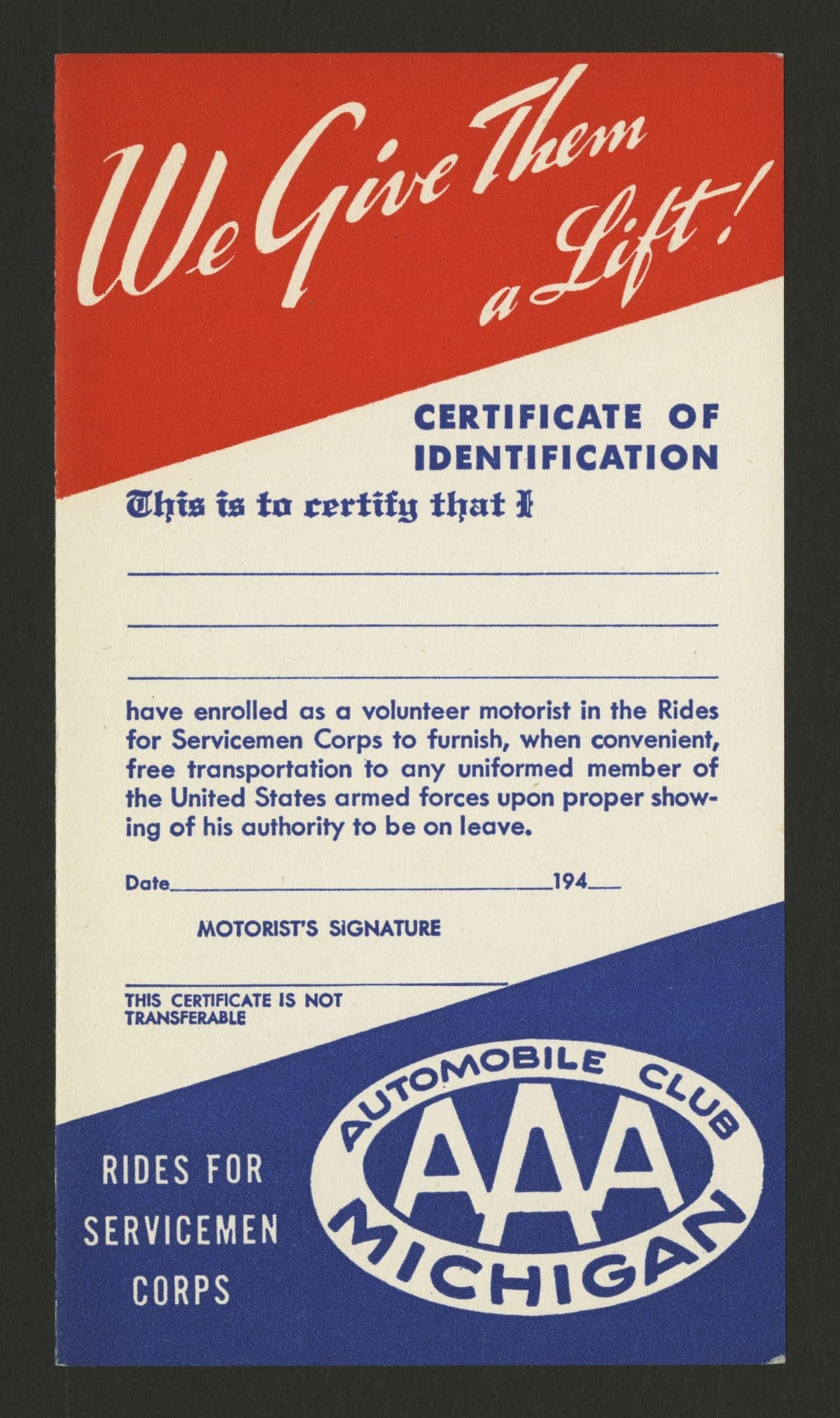 Certificate of Identification and Window Decal, "We Give Them a Lift!  Rides for Servicemen Corps," 1942