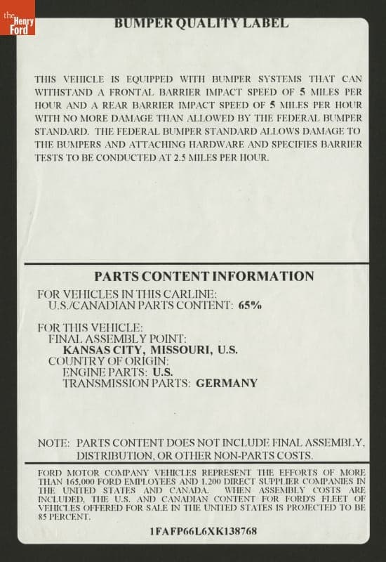 Window Sticker for Ford Contour with Bumper Quality and Parts Information, 1999