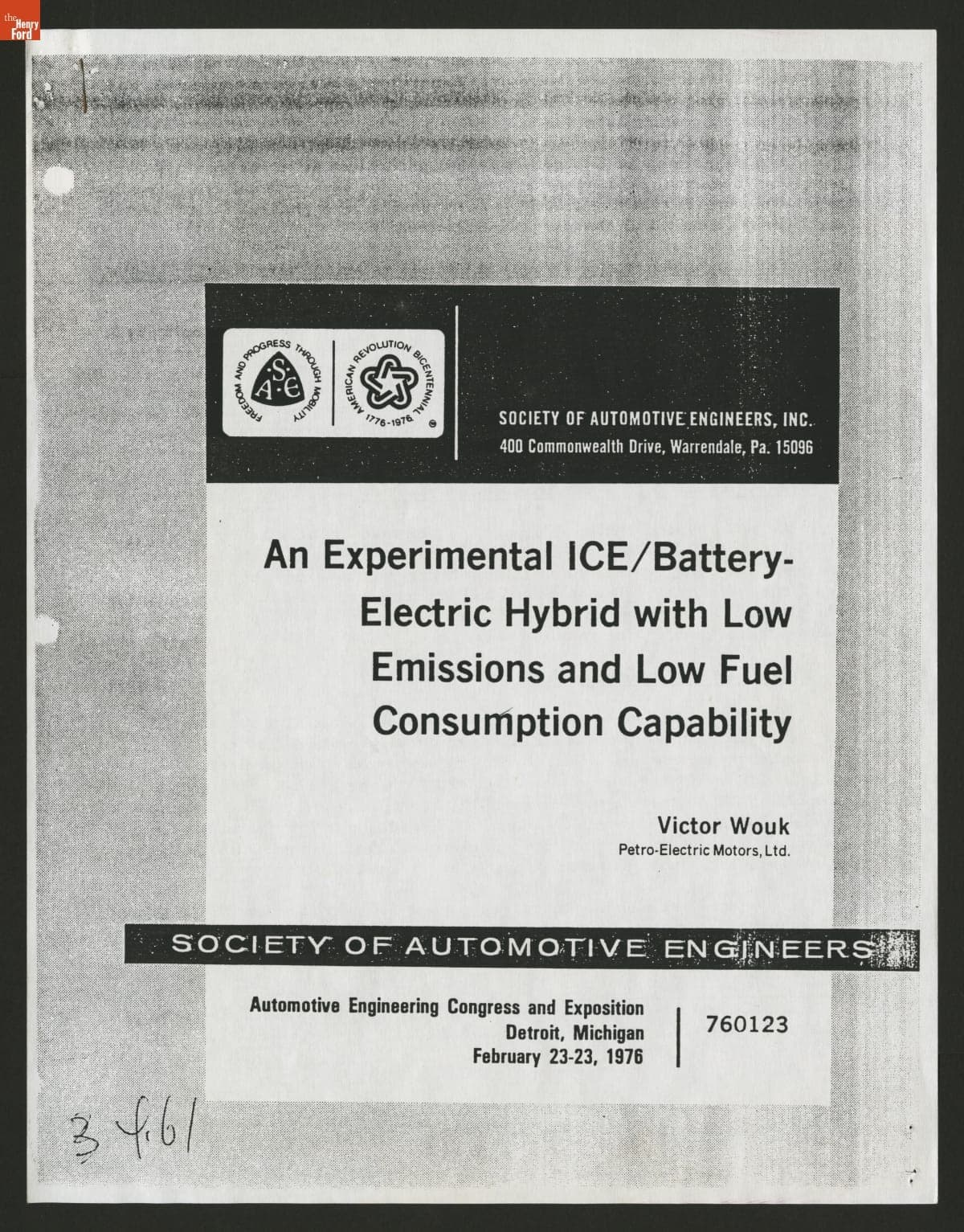 An Experimental ICE/Battery-Electric Hybrid with Low Emissions and Low Fuel Consumption Capability, February 23, 1976