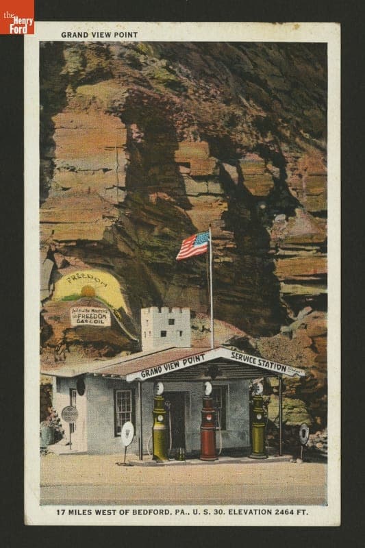 Postcard, Grand View Point Service Station, 17 Miles West of Bedford, Pennsylvania, 1936