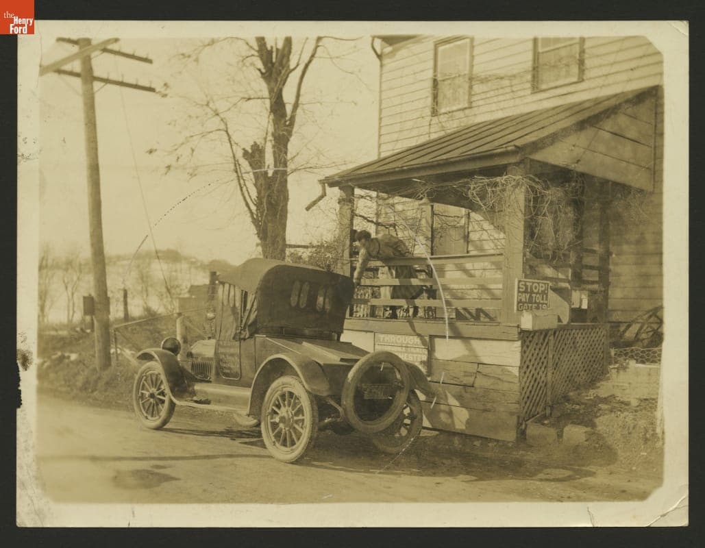 Automobile Stopping to Pay Toll at Gate 19 Tollbooth, Staunton, Virginia, 1915-1920