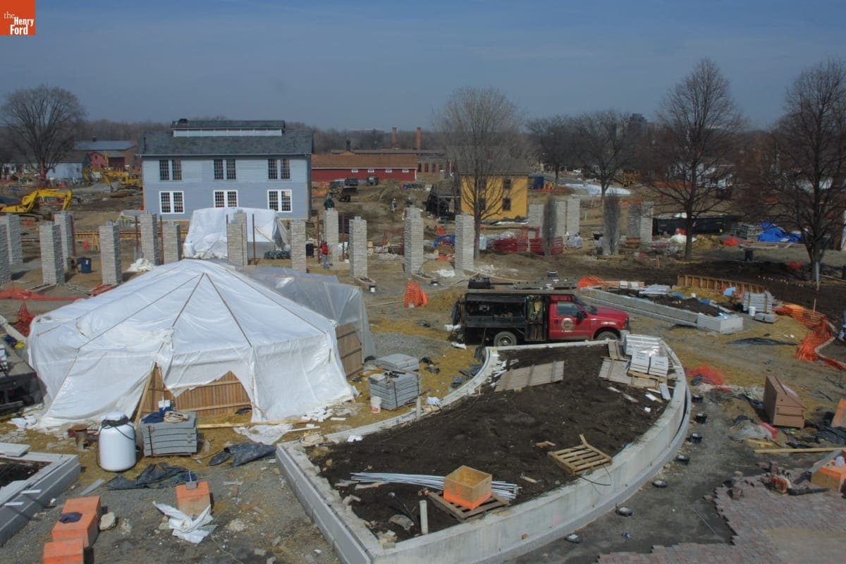 Laying Brick Paving on the Josephine F. Ford Plaza, Greenfield Village Restoration Project, March 2003