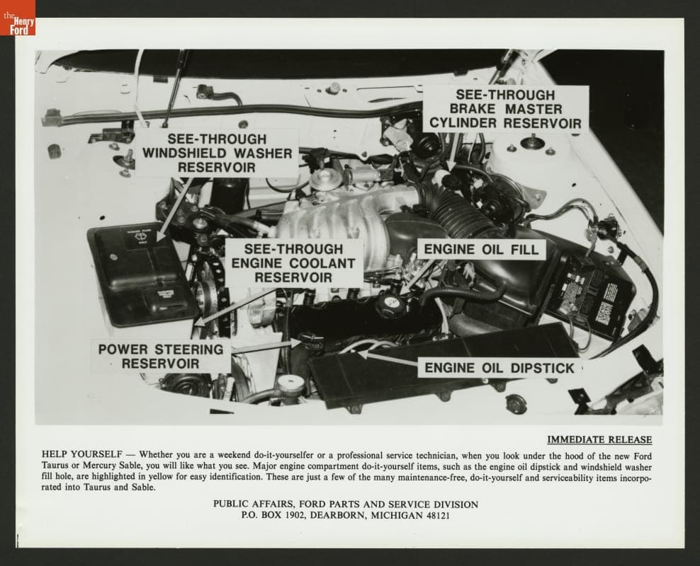 Press Release Photo Showing Engine Compartment of 1986 Ford Taurus or Mercury Sable