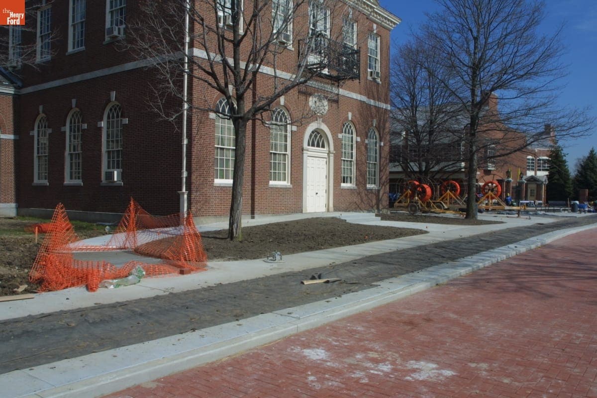 New Walkways outside Henry Ford Museum of American Innovation during the Greenfield Village Restoration Project, April 2003