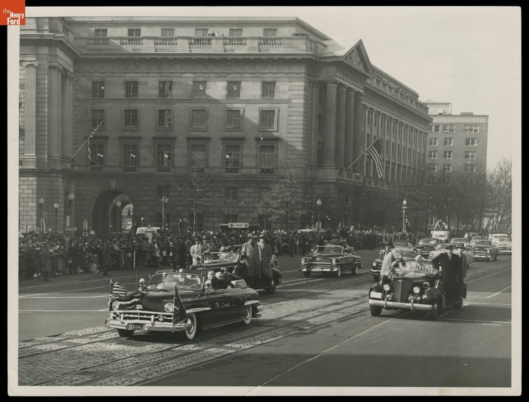 President Truman and President-Elect Eisenhower in the 1950 "Bubble Top" Presidential Lincoln Limousine at the Inaugural Parade, January 20, 1953
