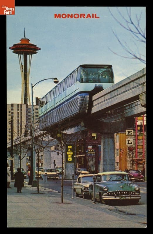 Monorail and Space Needle in Downtown Seattle, Washington, circa 1962