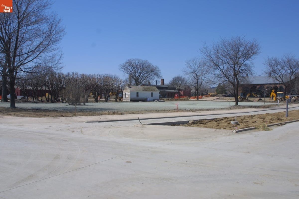 Hanks Silk Mill Seen from Newly-Paved Washington Boulevard, Greenfield Village Restoration Project, April 2003