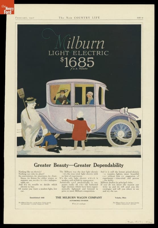 Milburn Light Electric Car Advertisement, "Greater Beauty-- Greater Dependability," 1917