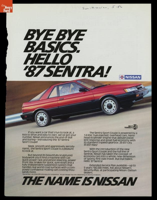 "Bye Bye Basics. Hello '87 Sentra!" Nissan Sentra Sport Coupe Advertisement, 1987