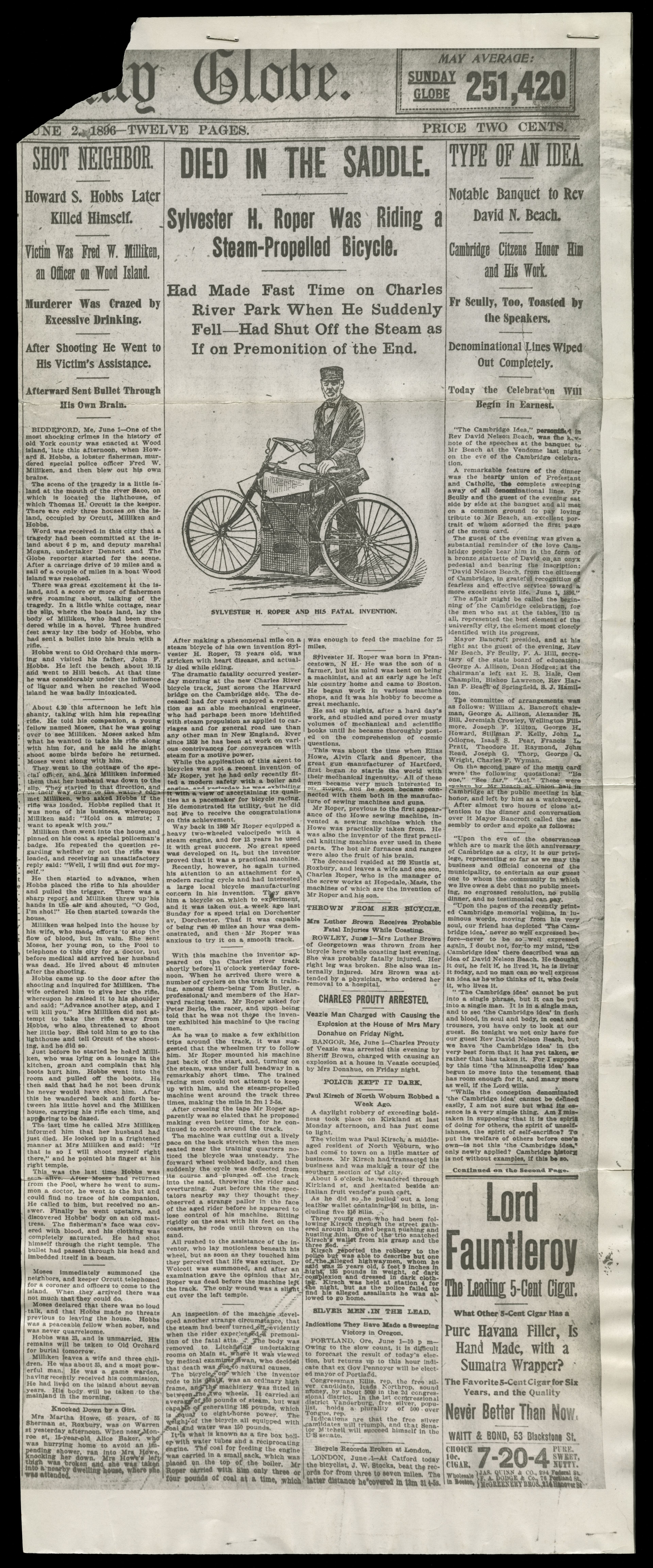 Boston Daily Globe Obituary for Inventor Sylvester H. Roper, June 2, 1896