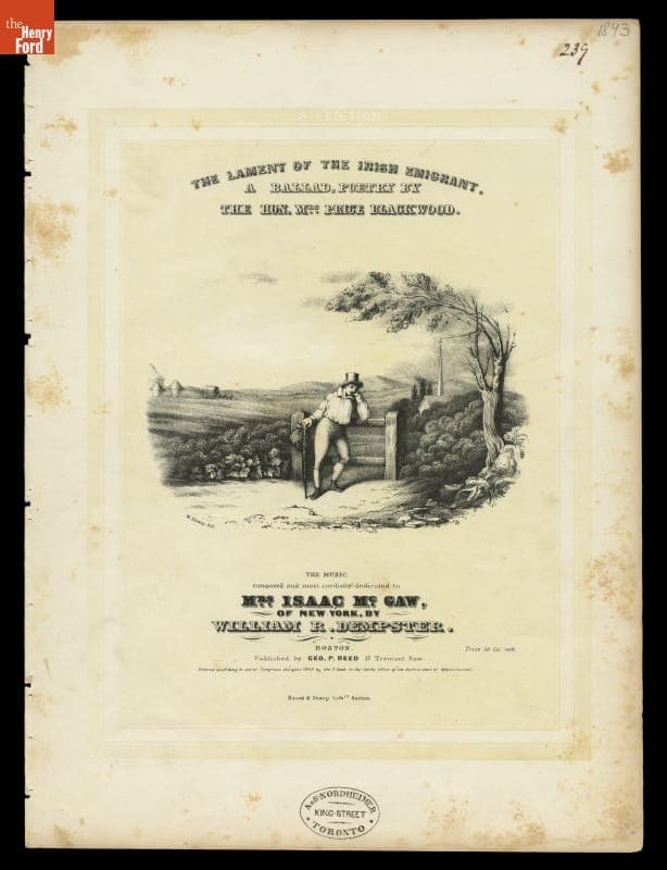 Music Sheet, "Lament of the Irish Emigrant," 1843