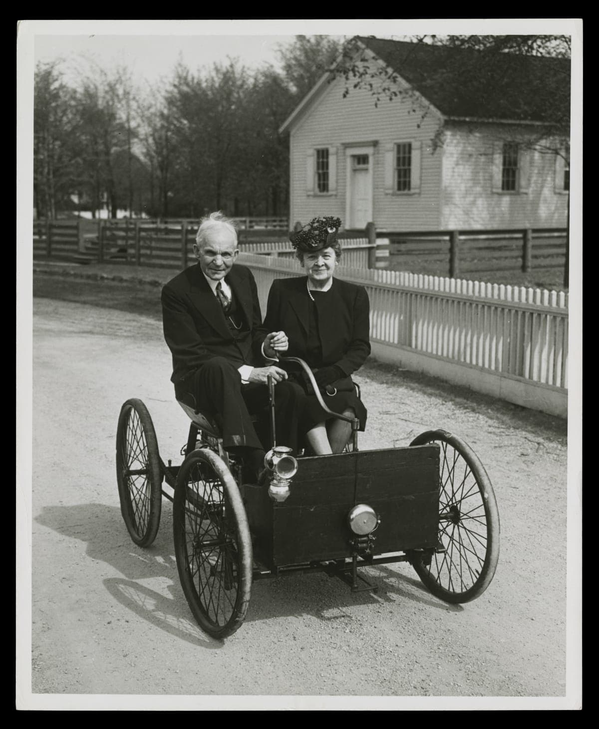 Henry Ford and Clara Ford in the 1896 Quadricycle in Greenfield Village, May 1946