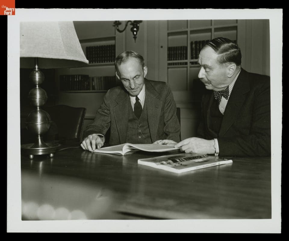 Henry Ford and H. G. Wells in Lovett Hall Library, 1937