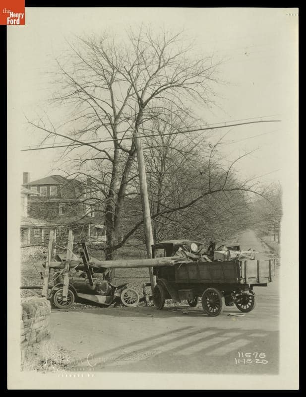 Autocar Truck and Ford Model T Car after an Accident, 1920