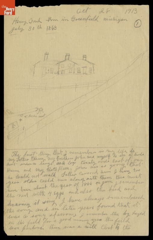 Drawing and Written Reminiscence by Henry Ford, 1913