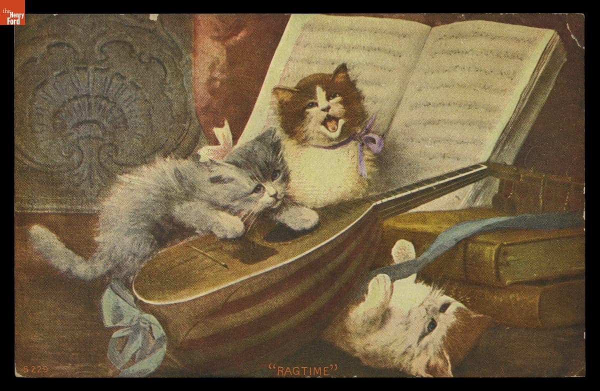 Postcard, Cats Playing with a Lute, "Ragtime," 1910