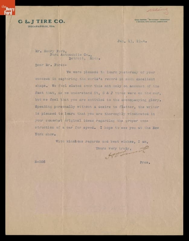Letter from H.O. Smith to Henry Ford regarding Ford's Land Speed Record, 1904