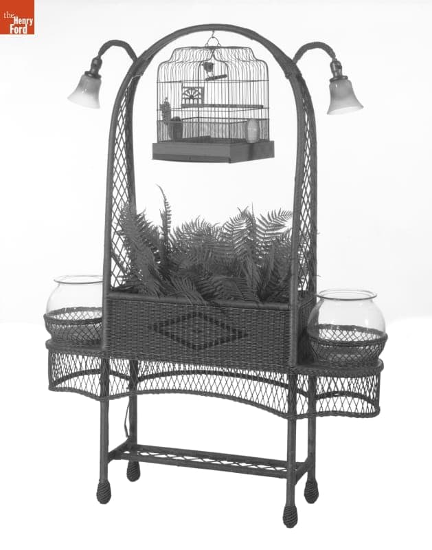 Wicker Plant Stand with Fishbowls and Birdcage, 1920-1930