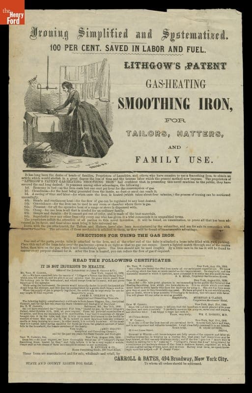 Advertising Notice for "Lithgow's Patent Gas-Heating Smoothing Iron," circa 1860