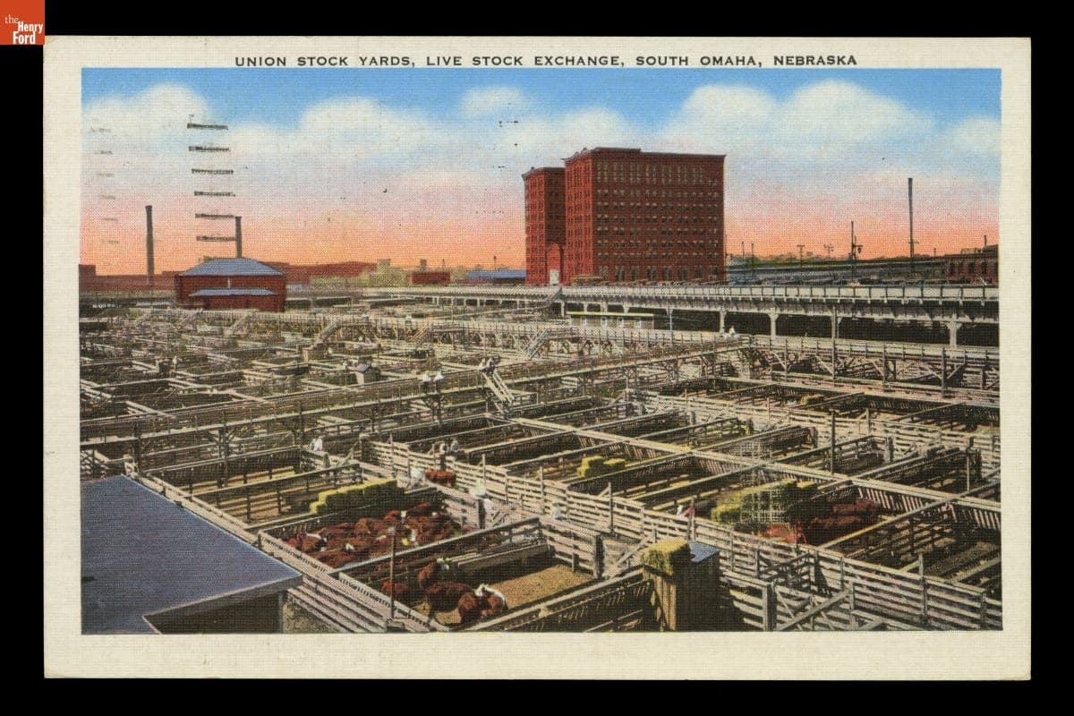 Postcard, "Union Stock Yards, Live Stock Exchange, South Omaha, Nebraska," 1939