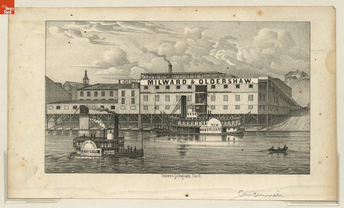 Lithographed Book Illustration, Milward & Oldershaw's Pork Packing Plant on the Ohio River, Covington, Kentucky, 1851