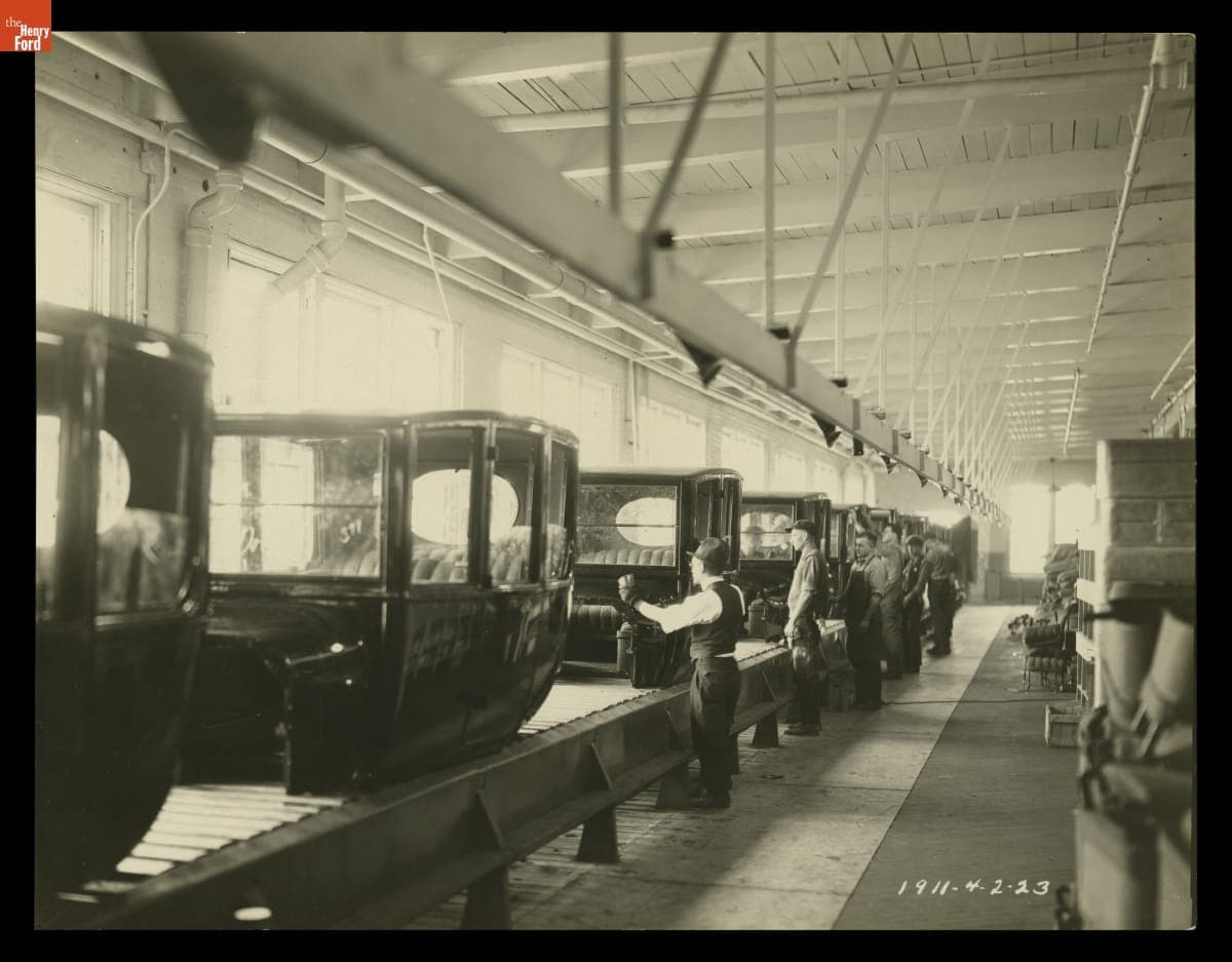 Ford Model T Sedan Bodies on Finish Trim Assembly Line at Holden Avenue Plant, Detroit, Michigan,  April 2, 1923