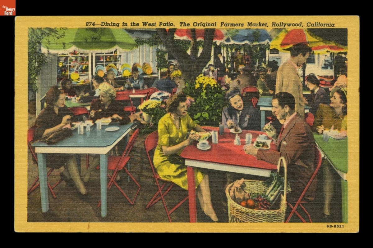 Postcard, "Dining in the West Patio, the Original Farmer's Market, Hollywood, California," 1948