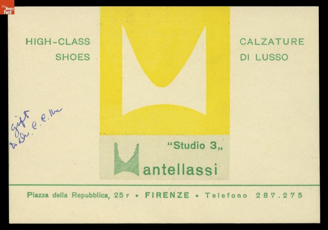 Business Card with Handwritten Receipt, Studio Mantellassi "High Class Shoes," circa 1960