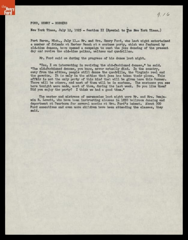 News Story about Henry Ford's Revival of Old-Fashioned Music and Dancing, July 1925