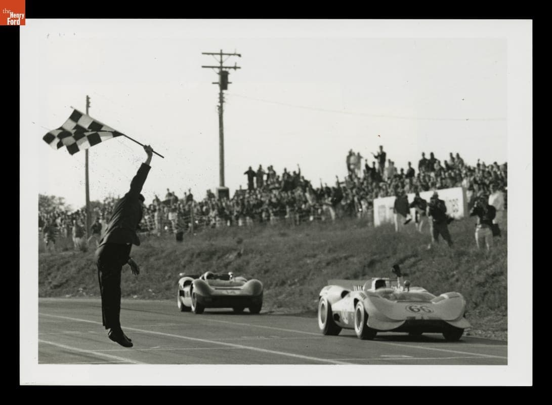 Jim Hall in a Chaparral and Bruce McLaren Taking the Flag at Mosport International Raceway, Ontario, Canada, September 1965