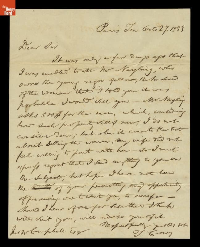 Letter from T. Cooney to John W. Campbell, Tennessee, 1833