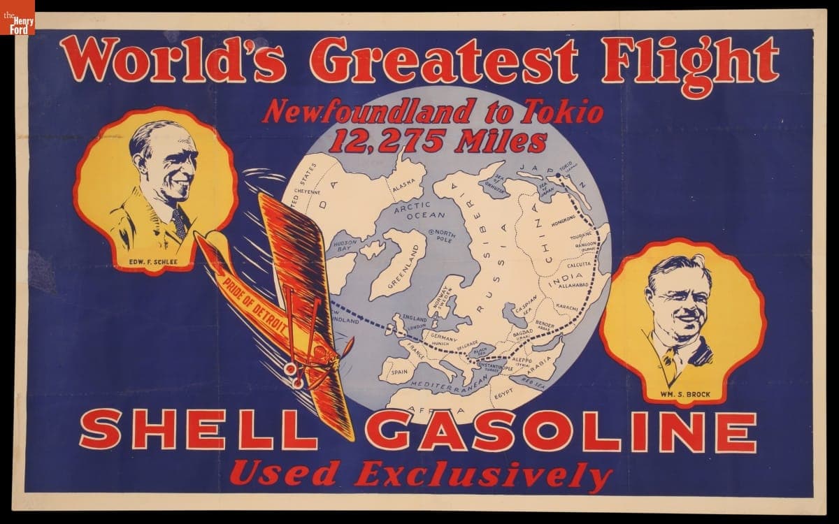Lithograph, "World's Greatest Flight, Newfoundland to Tokio," Schlee & Brock, circa 1927