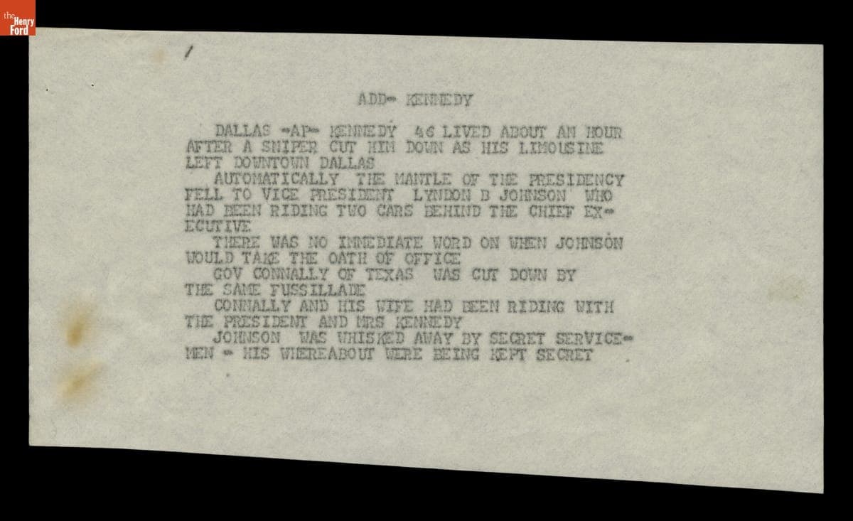 Teletype Message with Wire Service News Coverage of John F. Kennedy Assassination, November 22, 1963