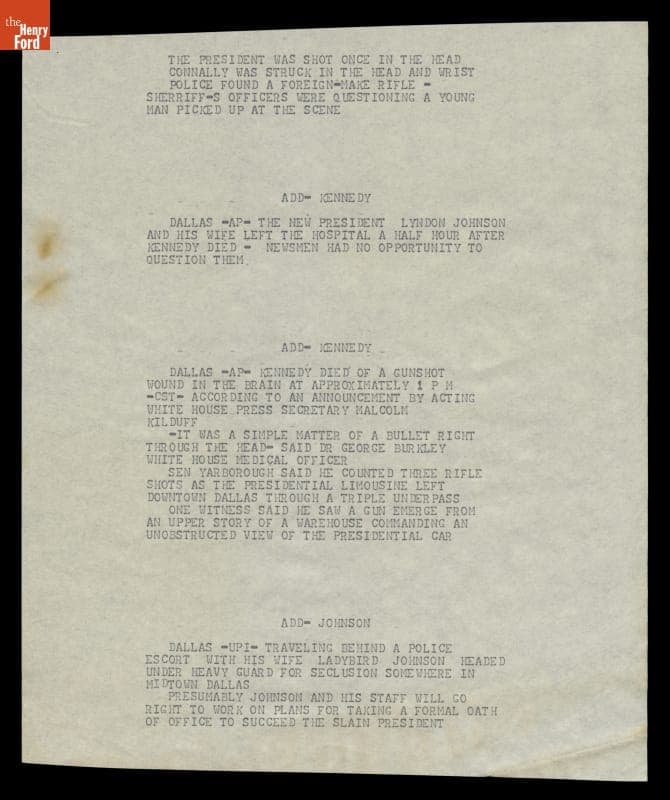 Teletype Message with Wire Service News Coverage of John F. Kennedy Assassination, November 22, 1963