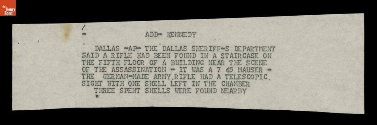 Teletype Message with Wire Service News Coverage of John F. Kennedy Assassination, November 22, 1963
