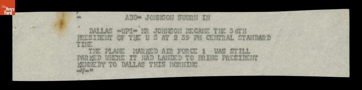 Teletype Message with Wire Service News Coverage of John F. Kennedy Assassination, November 22, 1963
