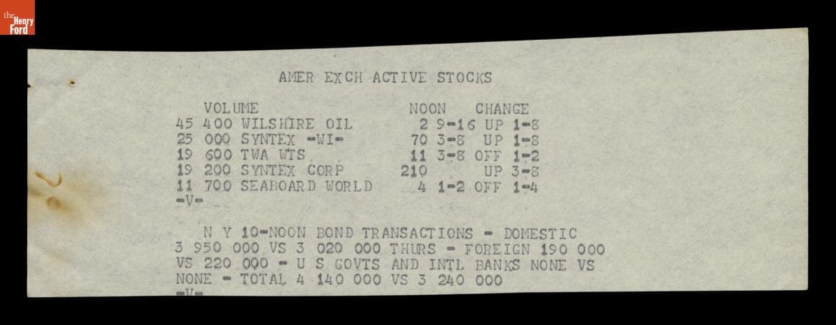 Teletype Message with Stocks and Bonds Numbers, November 22, 1963