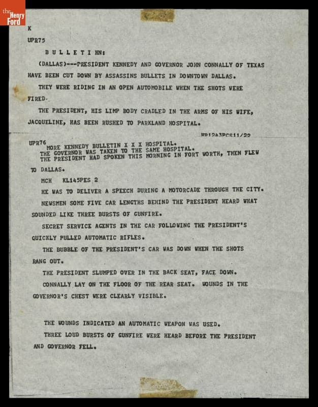 Teletype Message with Wire Service News Coverage of John F. Kennedy Assassination, November 22, 1963